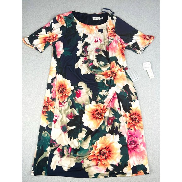 Eliza J Dress Womens 14W Blue Floral Bodycon Ruched Side Sheath Mother Bride - Picture 7 of 16